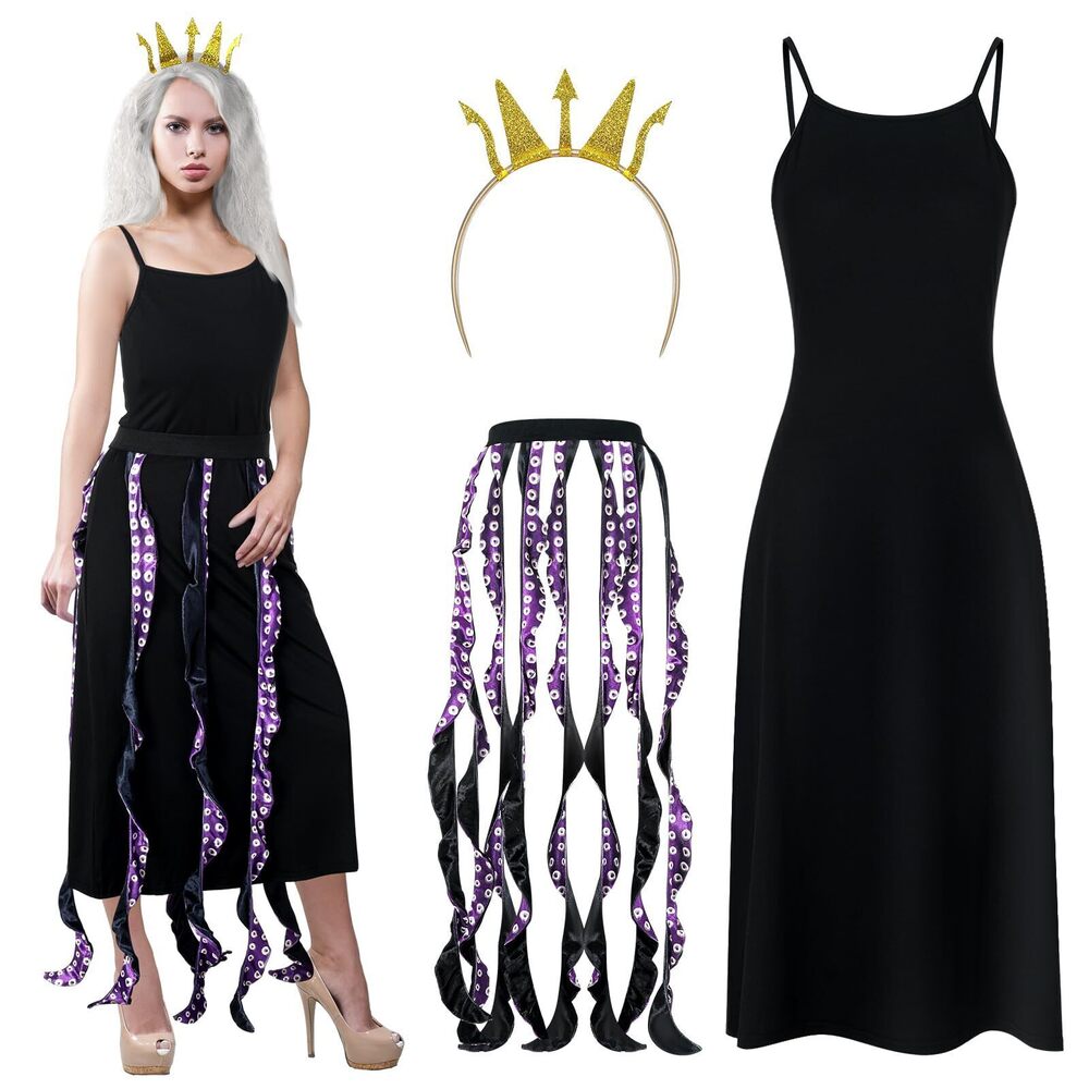 3189 3 Pcs Octopus Costume Black Purple Octopus Dress Long Tentacles Gold